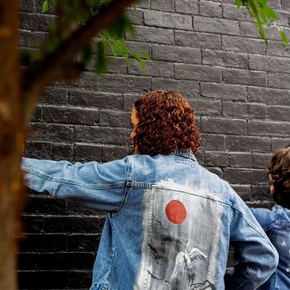L.A. Blues Blue Jean Jacket with Red Sun Design